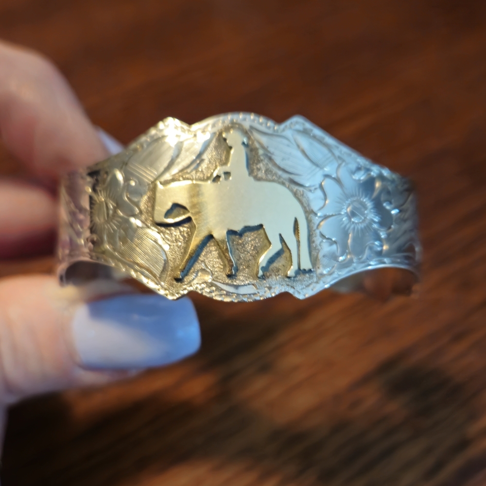 Engraved Sterling and Gold Western Pleasure Horse Cuff Bracelet